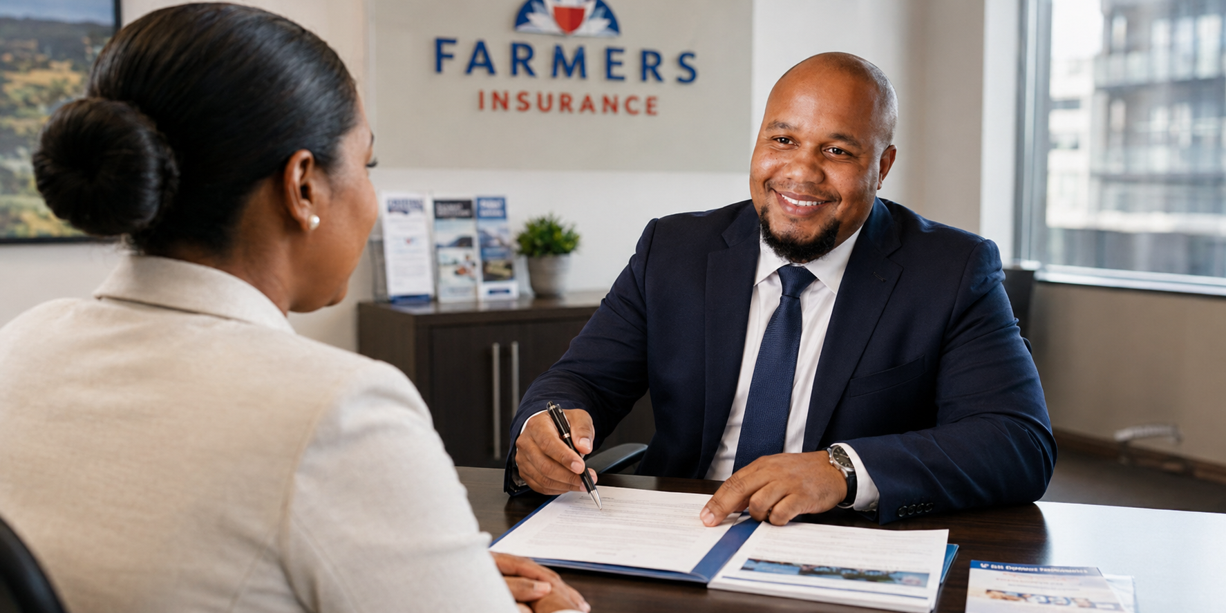 Bennie Lee working with clients at his Farmers Insurance office